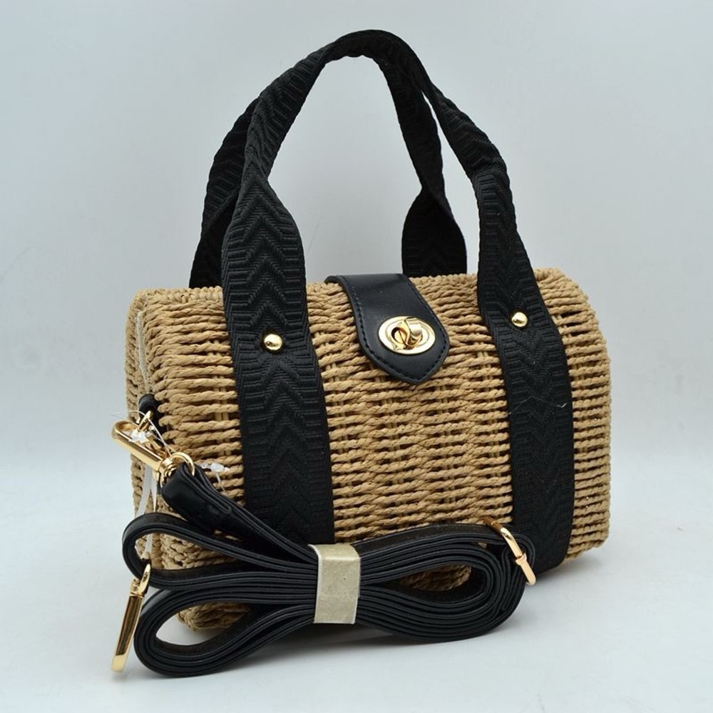 Woven Straw Barrel Tote with Black Straps and Gold Hardware